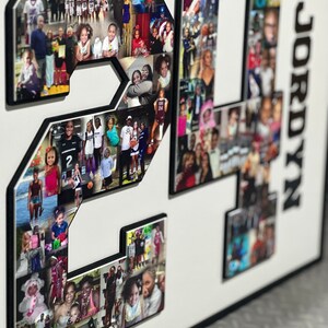 May include: A black and white photo collage in the shape of the number 24. The collage is made up of many different photos of a young girl and her family. The name "JORDYN" is written in black letters on the right side of the collage.