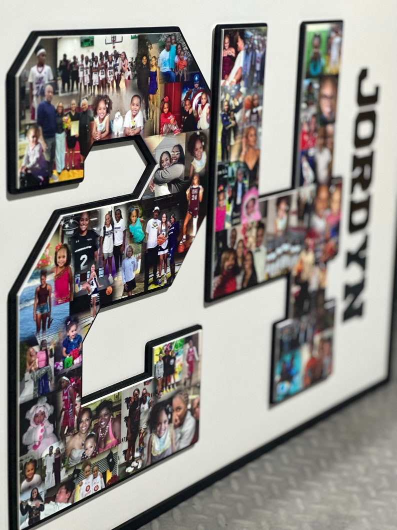 May include: A black and white photo collage in the shape of the number 24. The collage is made up of many different photos of a young girl and her family. The name "JORDYN" is written in black letters on the right side of the collage.