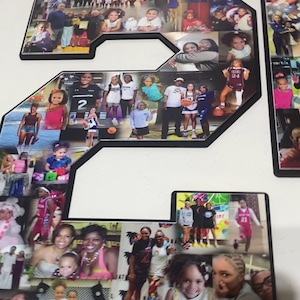 May include: A collage of photos in the shape of the number 2. The photos are of a family, including children, adults, and a group of girls in basketball uniforms. The photos are arranged in a random pattern and are printed on a white background.