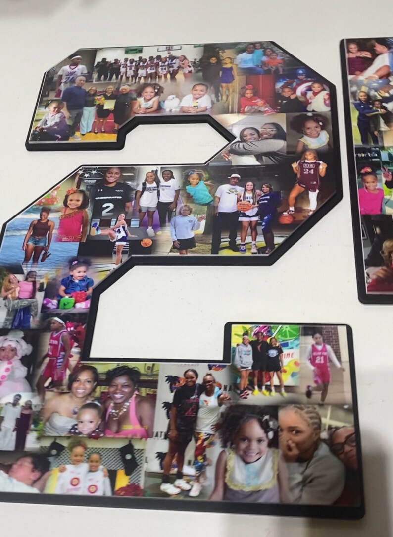 May include: A collage of photos in the shape of the number 2. The photos are of a family, including children, adults, and a group of girls in basketball uniforms. The photos are arranged in a random pattern and are printed on a white background.