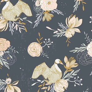 May include: A repeating pattern of gold swans, blush pink and cream flowers, and green foliage on a dark grey background. The design has a vintage feel, with a textured appearance. The swans have outstretched wings, and the flowers are detailed.