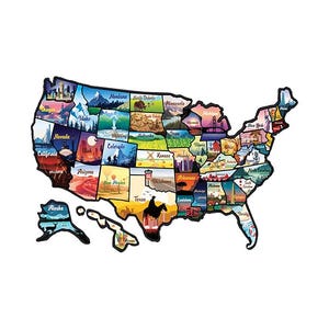 May include: A decorative wall map of the United States featuring individual state borders. Each state is filled with a colorful, detailed illustration representing local landmarks, landscapes, and cultural icons, all enclosed within a bold black outline.