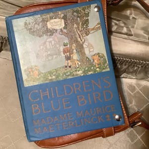 Monedero infantil con forma de pájaro azul hecho con libros reciclados