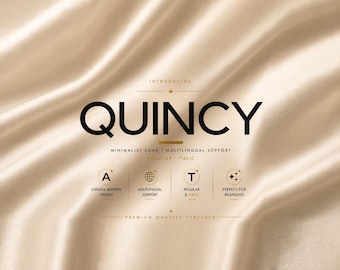 Quincy minimalist sans serif font, modern luxury typeface, geometric logo font, clean branding type, stylish display font