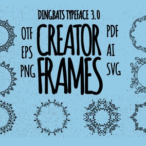Könnte beinhalten: Ein Satz von acht dekorativen Rahmen in Schwarz auf blauem Hintergrund. Die Rahmen sind in verschiedenen Formen und Größen, darunter Kreise, Quadrate und Ovale. Der Text "DINGBATS TYPEFACE 3.0 CREATOR FRAMES" ist in Schwarz oben im Bild geschrieben.