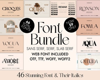 May include: A collage of font names and descriptions, with a large black circle in the center that says "Font Bundle". The text below the circle says "Sans Serif, Serif, Slab Serif" and "Web Font Included OTF, TTF, WOFF, WOFF2". The text at the bottom of the image says "46 Stunning Font & Their Italics".