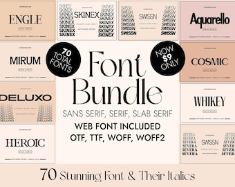 May include: A collage of colorful squares featuring different font styles, with the words "Font Bundle" in large black letters. The text "70 Stunning Font & Their Italics" is at the bottom of the image. The text "70 Total Fonts" and "Now $9 Only" are also included in the image.