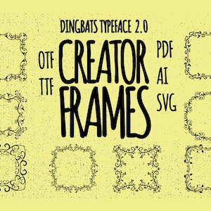 Peut inclure: Huit cadres décoratifs noirs et blancs avec des motifs floraux ornés. Le texte "DINGBATS TYPEFACE 2.0 CREATOR FRAMES" est écrit en noir sur fond blanc. Le texte "OTF TTF PDF AI SVG" est écrit en noir sous le titre.