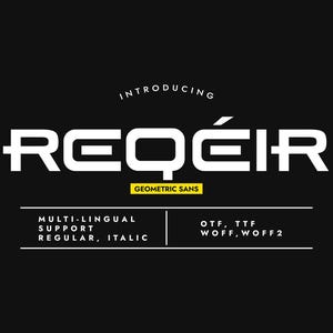 Puede incluir: Una fuente geométrica sans-serif blanca llamada "Reqéir" con el texto "Introducing" arriba y "Geometric Sans" abajo. La fuente está disponible en los formatos OTF, TTF, WOFF y WOFF2. Admite varios idiomas e incluye estilos regular e itálico.