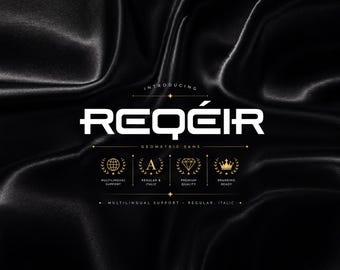 May include: A digital graphic featuring the white text REQÉIR in a geometric sans-serif font centred over a black satin background. Below the title are four gold icons representing a globe, the letter A, a diamond, and a crown with text labels.