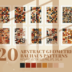 Pode incluir: Vinte padrões geométricos Bauhaus em uma variedade de cores, incluindo preto, vermelho, marrom, laranja e bege. Os padrões são exibidos em um formato de grade em um fundo marrom claro.
