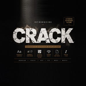 May include: A digital font display featuring the word CRACK in large, white, distressed, cracked lettering. Below the title, text reads INTRODUCING, AUTHENTIC DISTRESSED DISPLAY-FONT, and lists features including uppercase, lowercase, numbers, punctuation, and file formats.