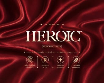 May include: A digital graphic featuring deep red, satin-like fabric folds as a background. Centered text reads INTRODUCING HEROIC ELEGANT SERIF. Below are four circular icons labelled MULTILINGUAL SUPPORT, REGULAR STYLE, PREMIUM QUALITY, and TIMELESS ELEGANCE.