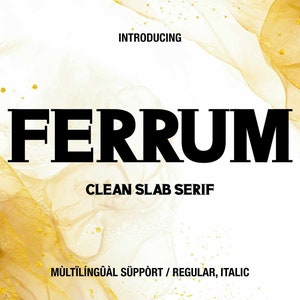 May include: Introducing Ferrum, a clean slab serif font with multilingual support. The font is shown in black text on a white background with a gold abstract design.