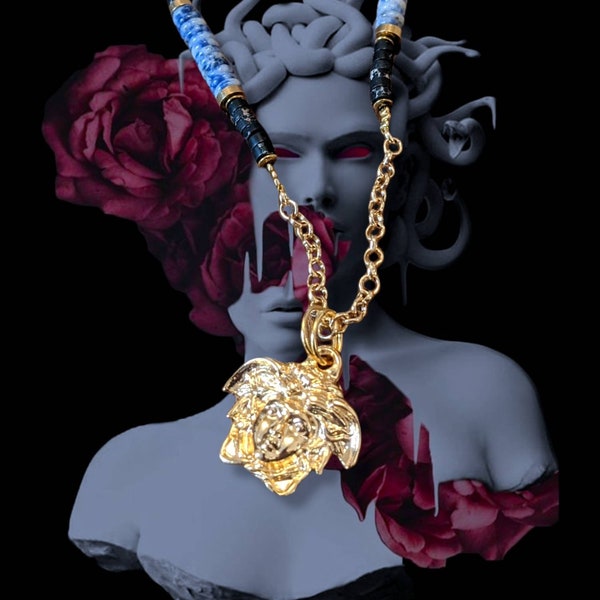 MEDUSA - Semi-précieuses Sautoir - Grunge Aesthetic Necklace with Blue Sodalite and Black Emperor Stones