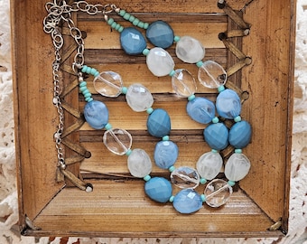 Multi-strand Collar Necklace, Faceted Acrylic Beads, Blues, Mint, Aqua, Clear