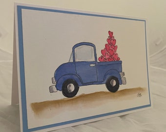 Hand Painted Card, truck, loads of love, blank inside with envelope