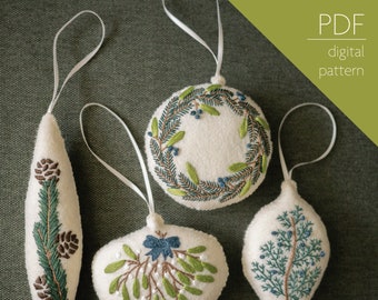 Botanical Felt Christmas Ornaments Pattern | Beginner PDF Embroidery and Sewing Pattern for DIY Elevated Holiday Decor