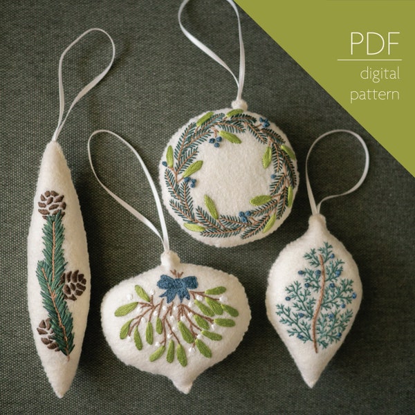 Botanical Felt Christmas Ornaments Pattern | Beginner PDF Embroidery and Sewing Pattern for DIY Elevated Holiday Decor