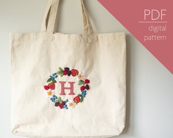 Berry Picking Tote Bag | Hand Embroidery Pattern Customizable with Your Initial + a Bonus Page of Patches!