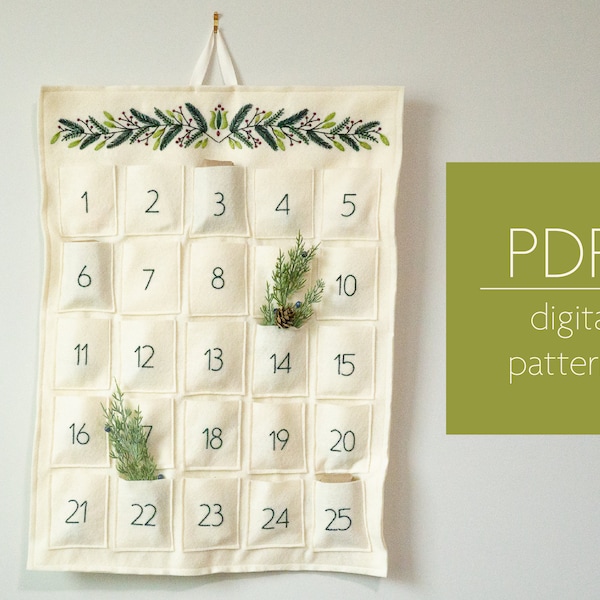 Heirloom Felt Advent Calendar Embroidery and Sewing Pattern | Beginner PDF Instant Download for DIY Scandinavian Christmas Decor