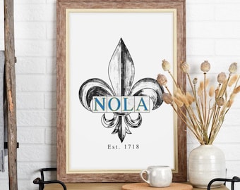 Fleur-de-Lis konsttryck: New Orleans NOLA-skiss (digital nedladdning)