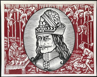 May include: A black and white illustration of a man in a hat, surrounded by scenes of violence. The man is in an oval frame, with long hair and a mustache. The background is red, with figures impaled on stakes and other violent scenes.