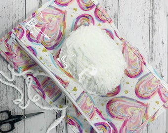 Project bag, clear vinyl front, floss storage bag, oversized pencil case, love heart craft bag, knitting bag, crochet organiser handmade bag