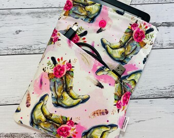 Handmade padded book sleeve to protect your books or e-reader, for reader who take their books everywhere. Floral Cowboy Boots design