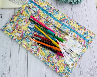 Project bag, clear vinyl front, floss storage bag, oversized pencil case, knitting bag, Unicorn crochet organiser, craft bag, handmade bag