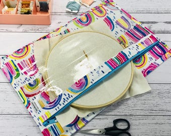 Project bag, clear vinyl front, floss storage bag, oversized pencil case, Rainbow craft bag, knitting bag, crochet organiser, handmade bag