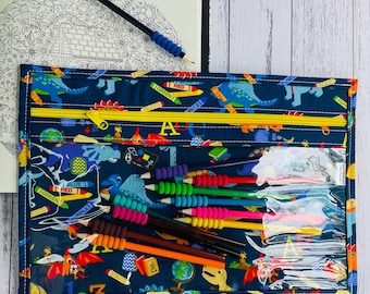 Project bag, clear vinyl front, floss storage bag, oversized pencil case, dinosaur craft bag, knitting bag, crochet organiser, handmade bag