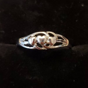 Silver triple heart ring. Tiny heart ring. Sterling silver stacking ring. Dainty heart ring!