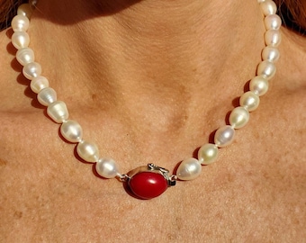 Teardrop pearl necklace with Coral clasp. Cultured pearls. Real pearl necklace!