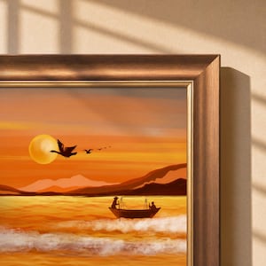 May include: A framed landscape painting depicting a sunset over water with a small boat containing two figures. The scene features a large yellow sun, silhouettes of birds in flight, and distant mountains, all rendered in warm orange and gold tones.