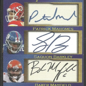 3 kaarten: Patrick Mahomes - Saquon Barkley - Baker Mayfield - Triple Cuts Facsimile Auto.