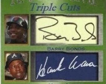 Lotto di 2 carte in edizione limitata Barry Bonds Hank Aaron Babe Ruth Iconic Ink Triple Cuts 1/1000 Giants Braves Yankees Mint Facsimile Autografi