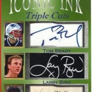 May include: A green and silver card featuring three signatures. The signatures are for Tom Brady, Larry Bird, and Ted Williams. The card is part of the Iconic Ink Triple Cuts collection.