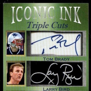 Lot de 2 cartes en édition limitée Tom Brady Larry Bird Ted Williams Iconic Ink Triple Cut 1/1000 Menthe Fac-similé Autographes 1/1000