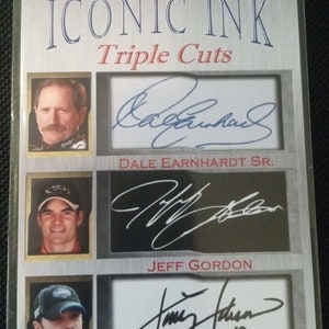 Lote de 2 tarjetas de edición limitada Dale Earnhardt Jeff Gordan Jimmy Johnson Iconic Ink Triple Cuts 1/1000 Mint Facsimile Autógrafos 1/1000
