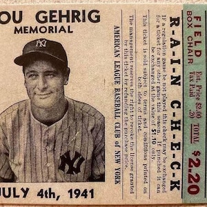 Lot de 5 cartes Lou Gehrig Jeu commémoratif du 4 juillet 1941, talon de ticket de chèque de la pluie 5 cartes