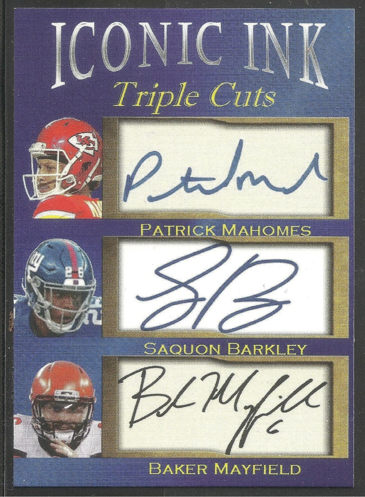 2 card lot Patrick Mahomes - Saquon Barkley - Baker Mayfield - Triple Cuts Facsimile Auto.