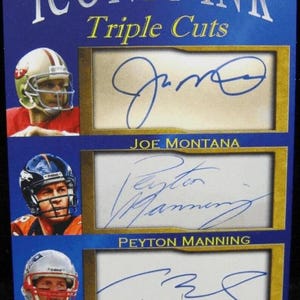 Lote de 2 tarjetas Joe Montana Tom Brady Peyton Manning Iconic Ink Triple cortes