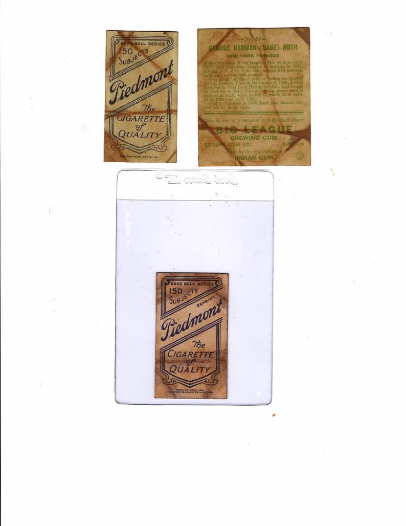 May include: Vintage baseball cards featuring "Piedmont" cigarette advertising and a card of George Herman "Babe" Ruth. The cards are in a protective sleeve. The "Piedmont" cards have text that reads "The Cigarette of Quality".