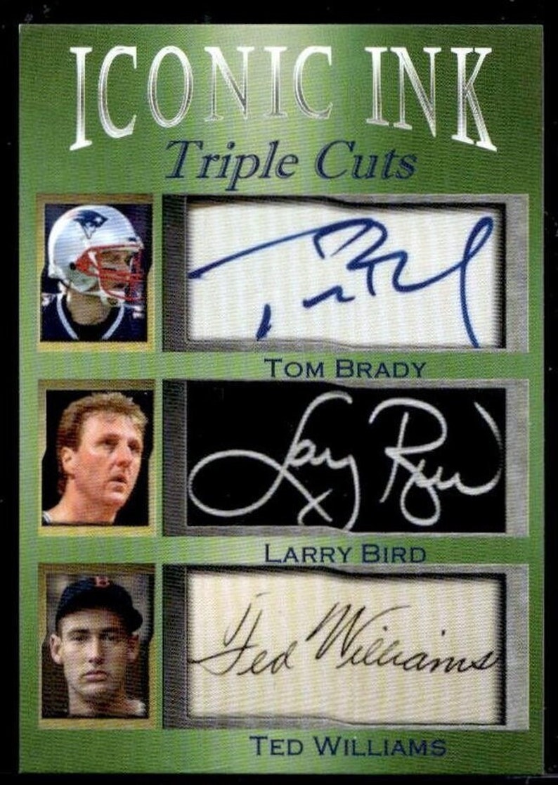 May include: A green and gold card with the title "Iconic Ink Triple Cuts" and three signatures: Tom Brady, Larry Bird, and Ted Williams.