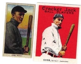 2 card lot 1909 T206 Ty Cobb - Bat Off Shoulder Reprint Mint Detroit 1915 Cracker Jack #30 Ty Cobb Reprint Mint Detroit Tigers 2 cards