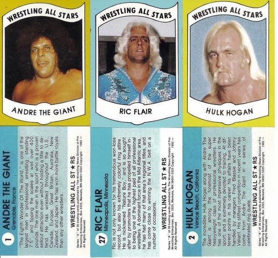 6 rare wrestling HOF rookie Hulk Hogan Ric Flair Andre The Giant 2 of each pictured 6 rare wrestling HOF rookie Hulk Hogan Ric Flair Andre The Giant 2 of each pictured