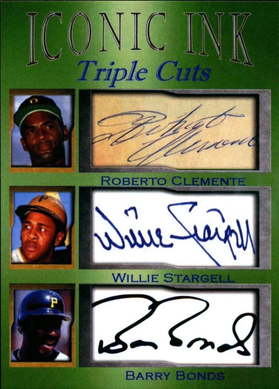 Lotto di 2 carte in perfette condizioni Roberto Clemente Willie Stargell Barry Bonds Iconic Ink Triple Cuts facsimile auto 1/1000 Pittsburgh Pirates