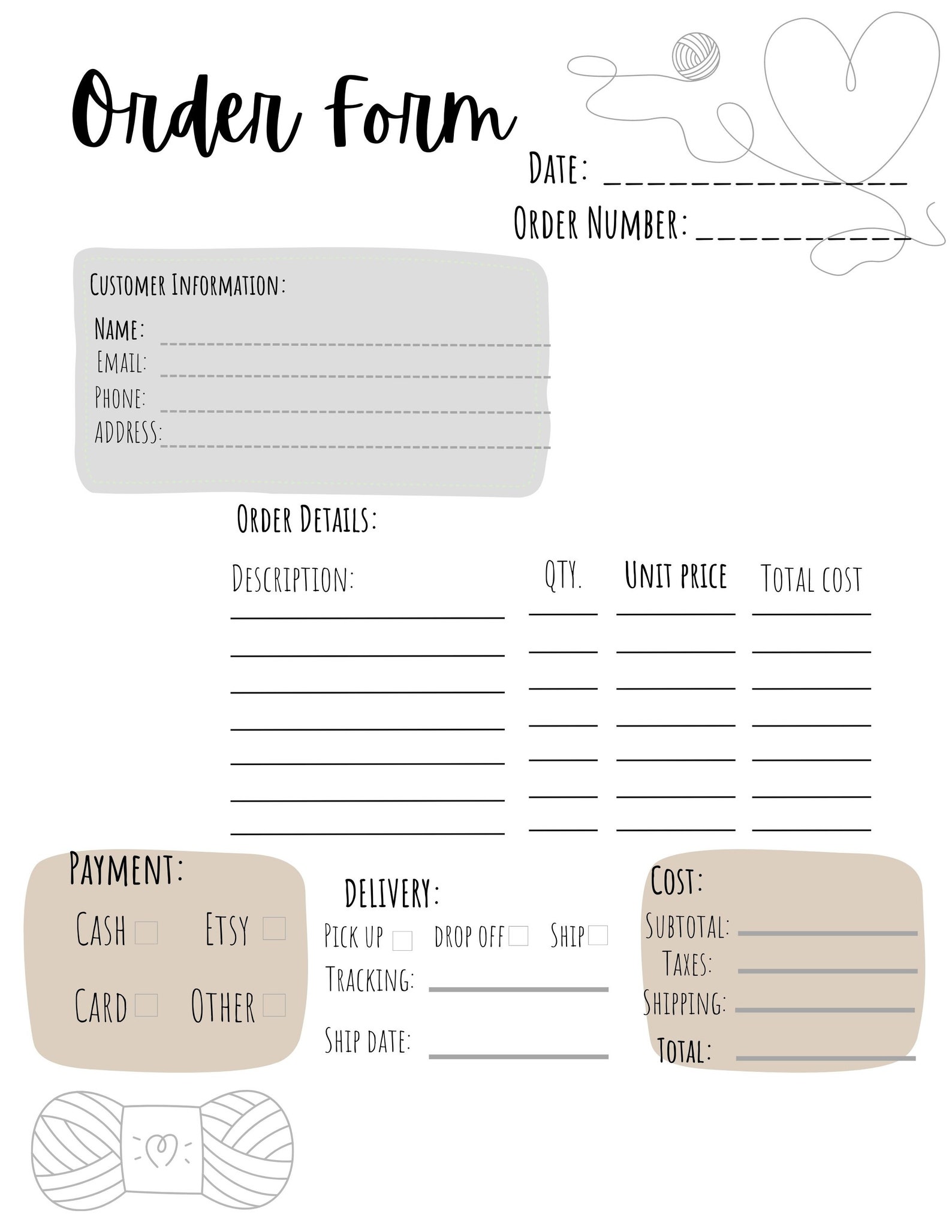 Printable Crochet Order Form Small Business Order Form Small Shop Earth