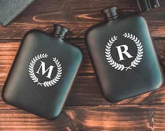 Personalized 6 oz Flask in Matte Black, Engraved Front and Back, Custom Logo Groomsmen Gift